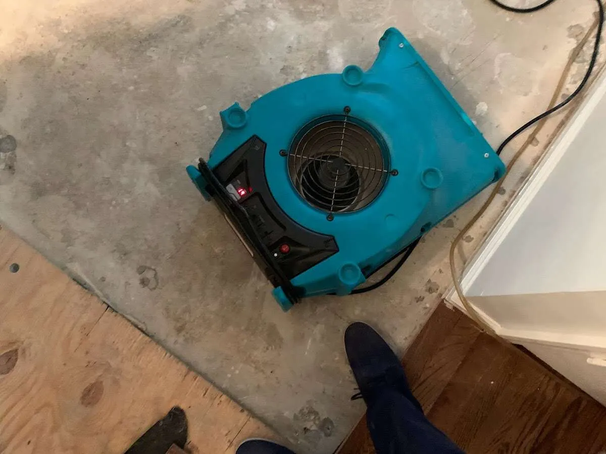 Air mover drying subfloor during Commercial Water Damage Restoration in Straban